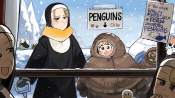 5girls :3 :d animal_costume bird black_mittens blonde_hair blue_eyes brown_hair cat chicken clumsy_nun_(diva) commentary diva_(hyxpk) duck english_commentary fake_beak fish froggy_nun_(diva) grey_hair highres little_nuns_(diva) mittens mole mole_on_cheek mole_under_mouth multiple_girls nun open_mouth penguin_costume scarf smile smug_nun_(diva) snot snow spicy_nun_(diva) strict_nun_(diva) traditional_nun yellow_eyes yellow_scarf