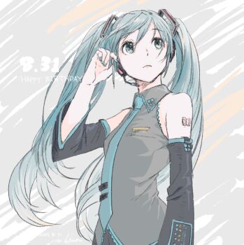 1girl ao_fujimori arm_tattoo bare_shoulders black_sleeves blue_eyes blue_hair blue_nails blue_necktie closed_mouth collared_shirt commentary dated detached_sleeves grey_shirt hair_ornament hand_in_own_hair happy_birthday hatsune_miku headphones headset highres long_hair necktie shirt signature simple_background sleeveless sleeveless_shirt solo tattoo twintails very_long_hair vocaloid