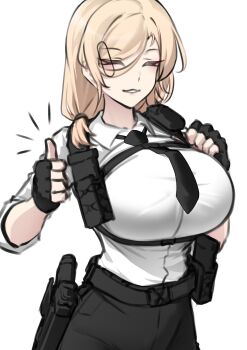 Rule 34 | 1girl, absurdres, black gloves, black necktie, blonde hair, breasts, chest harness, closed eyes, commentary, fingerless gloves, gloves, grin, harness, highres, huge breasts, k0ng, merc-san (k0ng), necktie, original, parted lips, shirt, simple background, smile, solo, untranslatable commentary, thumbs up, upper body, white background, white shirt