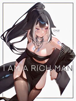 1girl bandeau black_hair black_thighhighs body_markings breasts cetacean_tail chui_art cleavage english_text facial_mark fins fish_tail garter_straps highres indie_virtual_youtuber jacket jewelry large_breasts long_hair multicolored_hair necklace open_clothes open_jacket orca_girl ponytail shylily solo streaked_hair tail thighhighs two-tone_hair virtual_youtuber white_hair