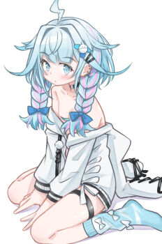 1girl absurdres ahoge bare_shoulders blue_eyes blue_hair blush bottomless braid breasts closed_mouth collar collarbone full_body hair_between_eyes hair_ornament highres hololive hololive_dev_is hood hoodie jacket k-go looking_at_viewer mizumiya_su mizumiya_su_(1st_costume) naked_jacket seiza simple_background sitting small_breasts socks solo thighs twin_braids virtual_youtuber white_background