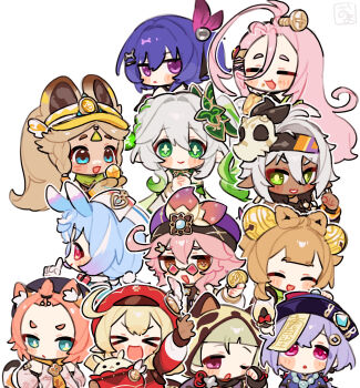 >_< 6+girls :d ^_^ ahoge aino_(genshin_impact) animal_ear_fluff animal_ears bell blonde_hair blue_eyes blue_hair blush bow-shaped_hair brown_hair brown_mittens closed_eyes closed_mouth coin commentary_request cross-shaped_pupils dark-skinned_female dark_skin diona_(genshin_impact) dodoco_(genshin_impact) dori_(genshin_impact) from_behind genshin_impact glasses green_eyes green_hair hair_bell hair_between_eyes hair_ornament hand_up hands_up hat highres holding holding_coin iansan_(genshin_impact) jingle_bell kachina_(genshin_impact) klee_(genshin_impact) leaf_hair_ornament long_hair long_sleeves looking_at_viewer melusine_(genshin_impact) mittens mora_(genshin_impact) multicolored_hair multiple_girls nahida_(genshin_impact) nurse_cap ofuda ofuda_on_head one_eye_closed oooma_155 open_mouth orange_visor_cap own_hands_together parted_lips pink_hair pointy_ears prune_(genshin_impact) purple_eyes purple_hair qingdai_guanmao qiqi_(genshin_impact) red_eyes sayu_(genshin_impact) sigewinne_(genshin_impact) smile symbol-shaped_pupils tail visor_cap white_hair xd yaoyao_(genshin_impact) yellow_eyes