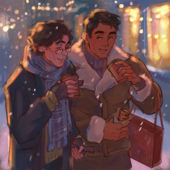 Rule 34 | 2boys, arcane: league of legends, arcane jayce, bag, bespectacled, black coat, black gloves, brown hair, chepishhh, coat, commentary, cowboy shot, cup, disposable coffee cup, disposable cup, fingerless gloves, fur-trimmed jacket, fur-trimmed sleeves, fur trim, glasses, gloves, highres, holding, holding bag, holding cup, jacket, jayce (league of legends), league of legends, long sleeves, looking at another, looking to the side, male focus, multiple boys, outdoors, sideways glance, snowing, standing, thick eyebrows, untranslatable commentary, viktor (arcane), viktor (league of legends), white fur, window, winter, winter clothes