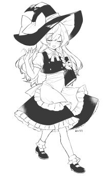 Rule 34 | 1girl, absurdres, apron, blush, book, bow, bowtie, braid, cindy717, closed eyes, collared shirt, commentary, facing viewer, frilled skirt, frills, full body, greyscale, hair bow, hat, hat bow, highres, holding, holding book, kirisame marisa, long hair, mary janes, monochrome, open mouth, puffy short sleeves, puffy sleeves, shirt, shoes, short sleeves, side braid, single braid, skirt, smile, socks, solo, touhou, very long hair, waist apron, witch hat