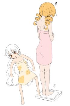 !? 2girls abutomato bare_arms bare_legs bare_shoulders barefoot blonde_hair brown_eyes cheese collarbone commentary_request confused crossed_arms drill_hair feet flat_color food food_print from_behind hair_between_eyes hair_down happy height_difference long_hair mahou_shoujo_madoka_magica momoe_nagisa multiple_girls official_style open_mouth shoulder_blades simple_background smile standing tareme tomoe_mami towel towel_around_waist twin_drills very_long_hair wavy_hair weighing_scale weight_conscious wet white_background white_hair