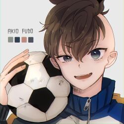 Rule 34 | 1boy, ball, brown hair, color guide, eyelashes, fudou akio, gami ww, grey background, grey eyes, highres, holding, holding ball, inazuma eleven (series), jacket, long sleeves, looking at viewer, male focus, mohawk, open mouth, simple background, soccer ball, solo, track jacket, zipper pull tab