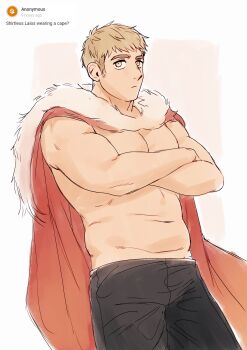 1boy absurdres bara belly blonde_hair cape crossed_arms dungeon_meshi facial_hair highres laios_touden looking_at_viewer male_focus muscular muscular_male navel nifast_(greentail) pants pectoral_cleavage pectorals plump red_cape request_inset short_hair sideburns_stubble solo standing stubble topless_male
