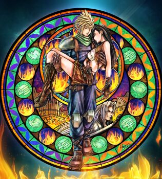 1girl 2boys armor baggy_pants bare_shoulders black_coat black_hair blonde_hair blue_jacket blue_pants boots breasts brown_footwear brown_gloves brown_skirt brown_vest burning carrying closed_eyes cloud_strife coat commentary commission cowboy_boots cowboy_hat crop_top earrings english_commentary final_fantasy final_fantasy_vii final_fantasy_vii:_ever_crisis final_fantasy_vii_rebirth final_fantasy_vii_remake fire full_body gloves green_eyes green_scarf grey_hair hat helmet highres hollypolllyy jacket jewelry knee_pads long_hair medium_breasts midriff miniskirt multiple_boys night open_clothes open_vest pants parted_bangs princess_carry scarf sephiroth shinra_infantry_uniform short_hair shoulder_armor skirt sky spiked_hair stained_glass tank_top tifa_lockhart unconscious unworn_hat unworn_headwear unworn_helmet very_long_hair vest water_tank water_tower white_tank_top windmill