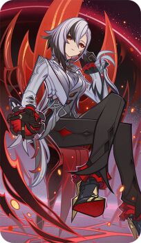 1girl arlecchino_(genshin_impact) bad_source black_hair black_hands black_shoes closed_mouth coat colored_extremities crossed_legs genshin_impact grey_coat grey_hair hair_between_eyes hand_up high_heels long_hair long_sleeves looking_at_viewer multicolored_hair offering_hand official_art red_pupils shoes sitting solo streaked_hair symbol-shaped_pupils two-tone_hair x-shaped_pupils