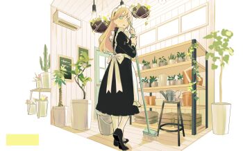 1girl air_conditioner alt_(apou) apron back_bow black_dress black_shoes blonde_hair blue_eyes bow bucket commentary_request door dress from_behind full_body hands_up hanging_light hanging_plant highres holding holding_mop indoors juliet_sleeves light_bulb long_hair long_sleeves looking_back looking_down maid maid_apron maid_headdress mary_janes mop original pantyhose parted_lips plant potted_plant puffy_sleeves shoes solo standing watering_can white_apron white_bow white_headdress white_pantyhose window wooden_floor