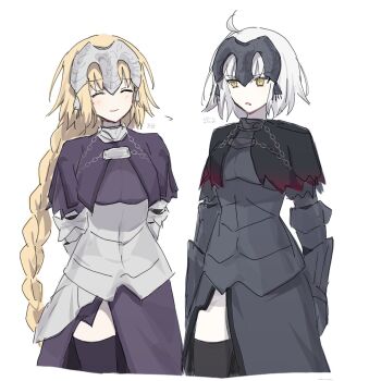 2girls ahoge armor armored_dress arms_behind_back blonde_hair blush braid braided_ponytail closed_eyes dress dual_persona fate/grand_order fate_(series) headpiece highres jeanne_d&#039;arc_(fate) jeanne_d&#039;arc_(ruler)_(fate) jeanne_d&#039;arc_alter_(avenger)_(fate) jeanne_d&#039;arc_alter_(fate) looking_at_another multiple_girls nekwnek short_hair simple_background smile translation_request white_background white_hair yellow_eyes