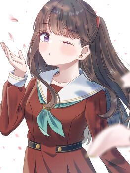 Rule 34 | 1girl, aqua neckerchief, blowing kiss, breasts, brown dress, brown hair, collarbone, commentary, dress, falling petals, fujishima megumi, hashtag-only commentary, hasu no sora school uniform, highres, link! like! love live!, long hair, long sleeves, looking at viewer, love live!, medium breasts, neckerchief, okome (okome l l), petals, pink petals, pleated dress, purple eyes, sailor collar, sailor dress, school uniform, solo, two side up, virtual youtuber, white sailor collar, winter uniform