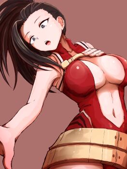 1girl black_eyes black_hair boku_no_hero_academia breasts center_opening cutterhappa female_focus highres large_breasts leotard matching_hair/eyes red_leotard solo superhero_costume yaoyorozu_momo