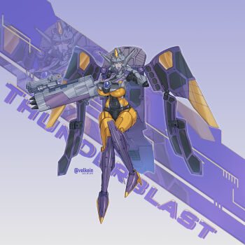 1girl absurdres areola_slip breasts decepticon highres holding_cannon huge_breasts lips metal_skin navel no_humans purple_lips robot rocket_launcher shiny_skin smile thunderblast transformers transformers_cybertron transformers_unicron_trilogy underboob volkein weapon yellow_eyes zoom_layer