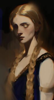 Rule 34 | 1girl, armlet, bare shoulders, blonde hair, blue dress, braid, chromatic aberration, circlet, dress, elden ring, gold armlet, gold circlet, highres, jewelry, lin violins, long hair, looking at viewer, one eye in shadow, painterly, plunging neckline, queen marika the eternal, simple background, solo, tearing up, twin braids, upper body, yellow eyes