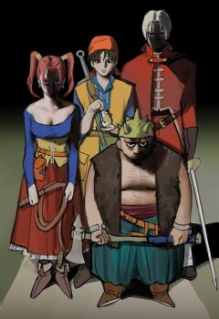 1girl 3boys axe bandana belt black_hair blue_shirt breasts brown_belt brown_hair cleavage coat dragon_quest dragon_quest_viii earrings full_body green_pants grey_hair hero_(dq8) highres holding holding_axe holding_sword holding_weapon holding_whip htkcnosinz jessica_albert jewelry kukuru_(dq8) long_hair long_skirt medium_breasts meme multiple_boys off-shoulder_shirt off_shoulder orange_bandana orange_tunic pants red_coat red_skirt shaded_face shirt short_hair skirt smile spiked_helmet sword tunic twintails weapon weapon_on_back why_dis_ninja_look_so_mad_(meme) yangus