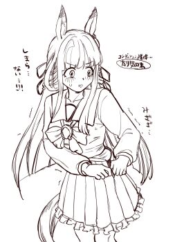 1girl animal_ears blunt_bangs blush breasts chrono_genesis_(umamusume) collarbone commentary_request hair_between_eyes hair_ornament highres horse_ears horse_tail ribbon school_uniform scottleworfli skirt small_breasts solo sweatdrop tail tracen_school_uniform umamusume white_background