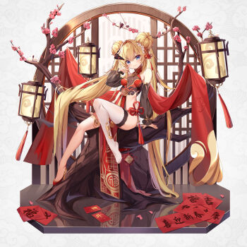 1girl absurdres bird blonde_hair blue_eyes blush breasts cherry_blossoms detached_sleeves double_bun full_body hair_between_eyes hair_bun hair_ornament high_heels highres horns in_tree jewelry lantern left_shoe_removed long_hair long_sleeves looking_at_viewer nahaki original petals shoes single_horn single_shoe single_thighhigh sitting sitting_in_tree small_breasts solo thighhighs thighlet tree twintails very_long_hair white_thighhighs