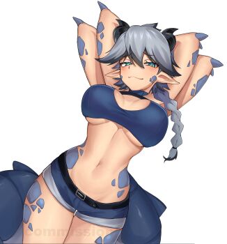1girl absurdres arms_behind_head belt belt_buckle black_belt blue_eyes blue_shorts braid breasts buckle closed_mouth commentary commission cowboy_shot crop_top double-parted_bangs dragon_girl dragon_horns dragon_tail english_commentary extra_arms grey_hair hair_between_eyes highres horns large_breasts leiden_yaegore long_hair looking_at_viewer navel original pointy_ears raised_inner_eyebrows scales short_shorts shorts simple_background single_braid smile smug solo stomach tail watermark white_background
