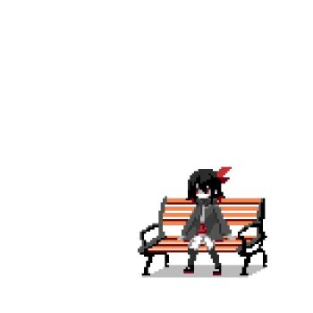 1girl animal animated bench bird black_hair black_hoodie black_socks bow colored_skin commentary_request cookie_(touhou) crow eating flying food full_body grey_shirt hair_bow holding holding_food hood hood_down hoodie kicking kneehighs oversized_animal pixel_art red_bow red_eyes red_skirt sandwich shirt simple_background sitting siyudi_(cookie) skirt socks solo sparseseethe tagme video white_skin
