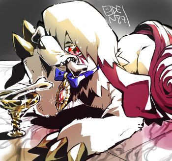 artist_name body_fur bone bone_in_mouth brown_fur commentary_request digimon digimon_(creature) dog labramon looking_at_viewer mouth_hold oden_(odenzzi) red_eyes sharp_teeth solo teeth two-tone_fur white_fur