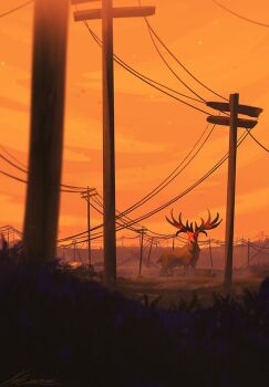 animal artist_name bush horizon landscape moose no_humans orange_sky original outdoors oversized_animal painterly power_lines scenery signature size_difference sky utility_pole zandra