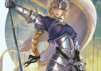 Rule 34 | 1girl, armor, blonde hair, braid, breasts, capelet, chain, cowboy shot, fate/apocrypha, fate (series), faulds, female focus, gauntlets, green eyes, head tilt, headpiece, holding, jeanne d'arc (fate), jeanne d'arc (ruler) (fate), long hair, looking at viewer, outstretched arm, short sleeves, solo, standing, sword, vambraces, washuu, weapon