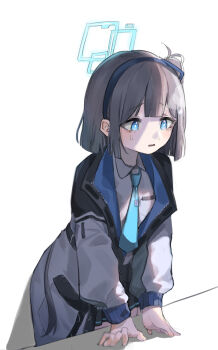 Rule 34 | 1girl, alternate hair length, alternate hairstyle, aqua halo, aqua necktie, aris (blue archive), black hairband, black jacket, black skirt, blue archive, blue eyes, blue jacket, blunt bangs, blunt ends, blunt sidelocks, blush, bright pupils, collared shirt, commentary, desk, double-parted bangs, grey hair, hairband, halo, hands on table, highres, jacket, korean commentary, leaning forward, long sleeves, mixed-language commentary, multicolored jacket, necktie, open clothes, open jacket, parted lips, pleated skirt, polyvora, puffy long sleeves, puffy sleeves, rectangular halo, school uniform, shadow, shirt, short hair, sidelocks, simple background, skirt, solo, tears, tie clip, white background, white jacket, white pupils, white shirt