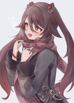 1girl black_nails brown_hair brown_shirt engasaki_sakura flower flower-shaped_pupils genshin_impact hair_between_eyes hair_flower hair_ornament highres hu_tao_(genshin_impact) long_hair long_sleeves looking_at_viewer open_mouth red_eyes red_scarf scarf shirt smile solo symbol-shaped_pupils twintails