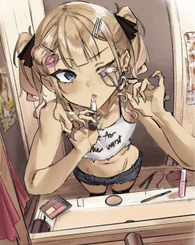 1boy applying_lipstick applying_makeup bare_arms bare_shoulders black_ribbon black_thighhighs blonde_hair blue_eyes blue_nails blush clothes_writing commentary cosmetics crop_top crossdressing crossdressing_(mtf) cutoffs double-parted_bangs english_commentary groin hair_ornament hair_ribbon hairclip highres holding holding_lipstick_tube indoors lipstick_tube looking_at_viewer male_focus medium_hair midriff mirror nabi_(xcider) nail_polish navel one_eye_closed original parallel_hairclips poster_(object) pov reflection reflection_focus ribbon short_shorts shorts solo thighhighs trap twintails xcider