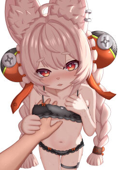 1girl 1other absurdres ahoge animal_ear_fluff animal_ear_piercing animal_ears azunyart black_bra black_panties blush bra braid braided_twintails collarbone commentary commentary_request english_commentary flat_chest furry furry_female hand_on_another's_chest head_tilt highres loli long_hair looking_at_viewer mixed-language_commentary navel open_mouth panties pink_fur pink_hair pov pov_hands rabbit_ears rabbit_girl red_eyes screw short_eyebrows simple_background stomach teeth thick_eyebrows thigh_strap underwear upper_teeth_only white_background zenless_zone_zero zhao_(zenless_zone_zero)