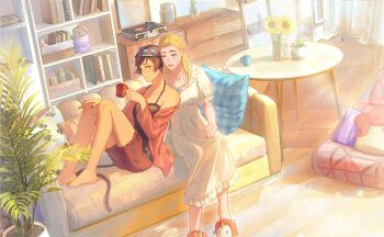 2girls absurdres adora_(she-ra) animal_ears bare_legs bed black_camisole blonde_hair bookshelf camisole carpet cat_ears cat_tail catra commentary couch couple english_commentary eye_mask fingernails flower highres long_fingernails mask mask_on_head masters_of_the_universe multiple_girls nightgown on_couch plant potted_plant sharp_fingernails she-ra_and_the_princesses_of_power short_shorts shorts sleep_mask slippers sunflower tail youliqy yuri