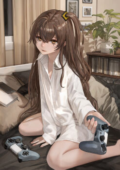 1girl absurdres apartment bare_legs brown_eyes brown_hair controller flat_chest girls'_frontline highres long_hair looking_at_viewer open_mouth petite scar scar_across_eye scar_on_face shirt side_ponytail ump45_(girls'_frontline) white_shirt