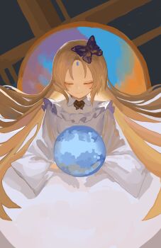 1girl absurdres blonde_hair butterfly_hair_ornament closed_eyes closed_mouth commentary_request crystal_ball dress facial_mark forehead forehead_mark funengliang_(naidesu) hair_ornament highres kikuri_(touhou) long_hair smile solo touhou touhou_(pc-98) white_dress