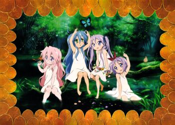 Rule 34 | 4girls, absurdres, bird, bird on hand, blue hair, border, bug, butterfly, chamomile, dress, flat chest, flower, forest, full body, glasses, green eyes, happy, highres, hiiragi kagami, hiiragi tsukasa, insect, izumi konata, long hair, lucky star, multiple girls, nature, official art, outdoors, partially submerged, petite, pink hair, pointing, pond, purple hair, siblings, silk, sitting, smile, spider web, takara miyuki, tree, twins, twintails, very long hair, violet (flower), water, white dress, yamada naoko