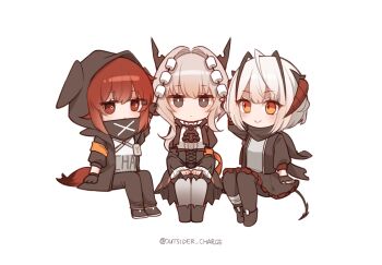 3girls animal_ear_hood antenna_hair arknights arm_up ascot black_ascot black_boots black_dress black_gloves black_horns black_jacket black_pants black_pantyhose black_skirt black_tail blush boots commentary crownslayer_(arknights) deformed dress expressionless fake_animal_ears food frilled_shirt_collar frilled_skirt frills full_body gloves grey_eyes grey_hair grey_pantyhose grey_shirt hands_on_own_knees highres holding holding_stick hood horns invisible_chair jacket long_sleeves looking_at_another looking_at_viewer marshmallow mask mouth_mask multiple_girls orange_eyes pants pantyhose red_eyes red_horns red_tail shadow71580825 shirt short_hair sidelocks simple_background sitting skirt smile stick talulah_(arknights) three-quarter_sleeves twitter_username w_(arknights) white_background white_hair