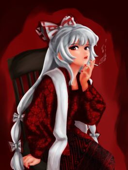 1girl alternate_costume bow chair cigarette clothing_request cowboy_shot expressionless fujiwara_no_mokou hair_bow hand_up highres holding holding_cigarette javanese_clothes kwszh long_hair long_sleeves looking_at_viewer low-tied_long_hair multiple_hair_bows on_chair red_background red_lips red_nails red_shirt red_skirt shirt sideways_glance sitting skirt smoke smoking solo touhou