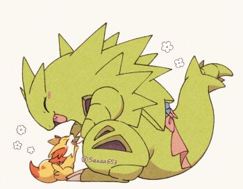 blush claws closed_eyes fangs fennekin flower fox gen_2_pokemon gen_6_pokemon nintendo no_humans open_mouth pokemon pokemon_(creature) pokemon_focus sana_(sanaa653) smile spikes tail tyranitar yellow_fur