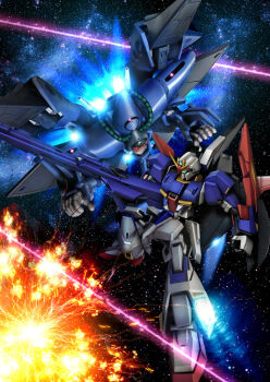 battle beam cable explosion gundam hambrabi hiropon_(tasogare_no_puu) mecha motion_blur no_humans robot space star_(sky) starry_sky_background zeta_gundam zeta_gundam_(mobile_suit)