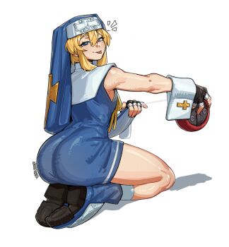 1boy alohapz ass black_gloves blonde_hair blue_shoes bridget_(guilty_gear) cross cuffs dress fingerless_gloves gloves guilty_gear highres looking_at_viewer looking_back male_focus nun shoes sitting solo thighs tongue tongue_out trap white_background yo-yo