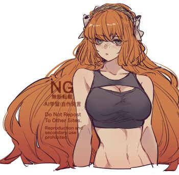 1girl bare_shoulders bow cleavage_cutout clothing_cutout collarbone cropped_torso expressionless freckles green_eyes hair_bow highres ishmael_(project_moon) limbus_company looking_at_viewer navel project_moon simple_background solo sports_bra upper_body vx7givcony78710 white_background white_bow