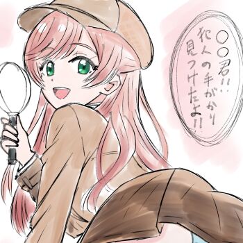 Rule 34 | 1girl, ass, blue panties, brown jacket, brown skirt, commentary request, cosplay, deerstalker, detective, from behind, green eyes, half updo, hat, highres, hiragizaka aoi, hirogaru sky! precure, holding, holding magnifying glass, jacket, long hair, long sleeves, looking at viewer, looking back, magnifying glass, newsboy cap, nijigaoka mashiro, open mouth, panties, pantyshot, pink hair, precure, sketch, skirt, smile, solo, underwear