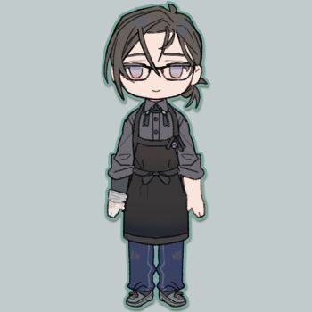 Rule 34 | 1boy, alternate costume, alternate hairstyle, apron, black apron, black hair, blue pants, collared shirt, commentary request, deformed, fate/grand order, fate (series), full body, glasses, gloves, green outline, grey background, grey eyes, grey shirt, grey shoes, kibadori rue, looking at viewer, male focus, neck tassel, official artist extra, outline, pants, plastic gloves, ponytail, rectangular eyewear, shirt, shoes, short ponytail, simple background, sleeves rolled up, smile, solo, standing, straight-on, swept bangs, tassel, white gloves, yamanami keisuke (fate)