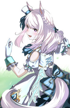 1girl animal_ears ascot blue_ascot blue_bow blush bow braid clothing_cutout commentary_request dress gloves grass hat horse_ears horse_girl horse_tail long_hair looking_at_viewer mejiro_mcqueen_(end_of_the_skies)_(umamusume) mejiro_mcqueen_(umamusume) mini_hat mini_top_hat official_alternate_costume open_mouth purple_eyes purple_hair short_sleeves shoulder_cutout smile solo sweat tail tail_through_clothes taromarun top_hat umamusume white_dress white_gloves white_hair white_hat