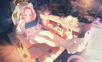 1girl absurdres animal_ears blue_archive blush bow cat computer_keyboard controller detached_sleeves fake_animal_ears forehead game_controller halo highres indoors long_hair navel orange_halo pajamas red_hair reflection sitting slippers soles solo thighs toes troble7410 white_pajamas window yellow_halo yuzu_(blue_archive)