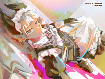 1girl absurdres apron arknights black_dress black_gloves closed_mouth commentary double-parted_bangs dress dutch_angle english_commentary gloves grey_eyes grey_hair head_wings highres irene_(arknights) irene_(voyage_of_feathers)_(arknights) knees_up long_hair looking_at_viewer maid maid_apron maid_headdress nikov official_alternate_costume solo white_apron wings