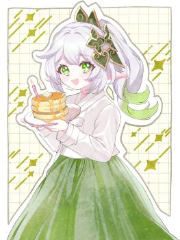 1girl :d blush butter candle check_clothing chima_(clothes) clothing_request commentary_request commission dripping food genshin_impact gradient_hair green_eyes green_hair green_skirt hair_ornament hanbok hands_up highres holding holding_plate jeogori_(clothes) korean_clothes long_hair long_skirt long_sleeves looking_at_viewer moco_(moco_8854) multicolored_hair multiple_views nahida_(genshin_impact) open_mouth pancake pancake_stack plate pointy_ears side_ponytail skeb_commission skirt smile star-shaped_pupils star_(symbol) symbol-shaped_pupils syrup white_hair
