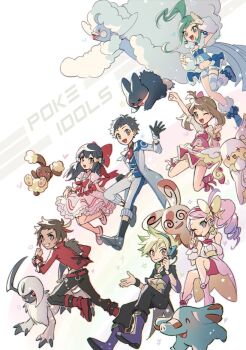 3boys 4girls ;) ;d absol altaria arm_up audino black_hair blue_vest blush boots brendan_(pokemon) brown_hair buneary closed_mouth coat commentary_request curtis_(pokemon) dawn_(pokemon) dress gen_2_pokemon gen_3_pokemon gen_4_pokemon gen_5_pokemon gloves green_hair grin headset heart huan_li jacket leg_up lisia_(pokemon) long_hair looking_at_viewer lucas_(pokemon) may_(contest)_(pokemon) may_(pokemon) mega_altaria mega_audino mega_pokemon microphone multiple_boys multiple_girls munchlax nintendo one_eye_closed open_clothes open_coat open_mouth pants phanpy pink_boots pink_dress pink_hair pokemon pokemon_(creature) pokemon_bdsp pokemon_bw2 pokemon_oras purple_footwear red_footwear red_jacket short_hair smile spiked_hair spinda star_(symbol) teeth tongue vest white_background yancy_(pokemon)