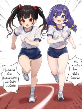 2girls black_hair buruma commentary comodox english_commentary gym_uniform hair_ornament highres ink_(comodox) lulla_(comodox) multiple_girls original purple_hair red_eyes running shirt socks thai_text translation_request twintails