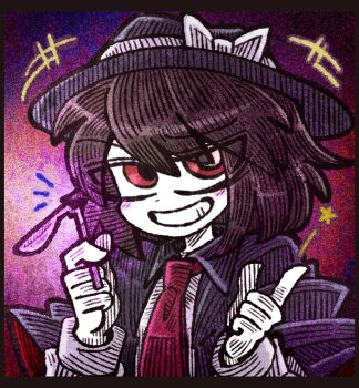 1girl bent_spoon black_capelet black_collar black_hat blush blush_stickers bow brown_hair capelet collar grin hair_between_eyes hat hat_bow holding holding_spoon long_sleeves necktie shirt sleeve_cuffs smile smug solo spoon suenari_(peace) touhou usami_renko white_bow white_shirt